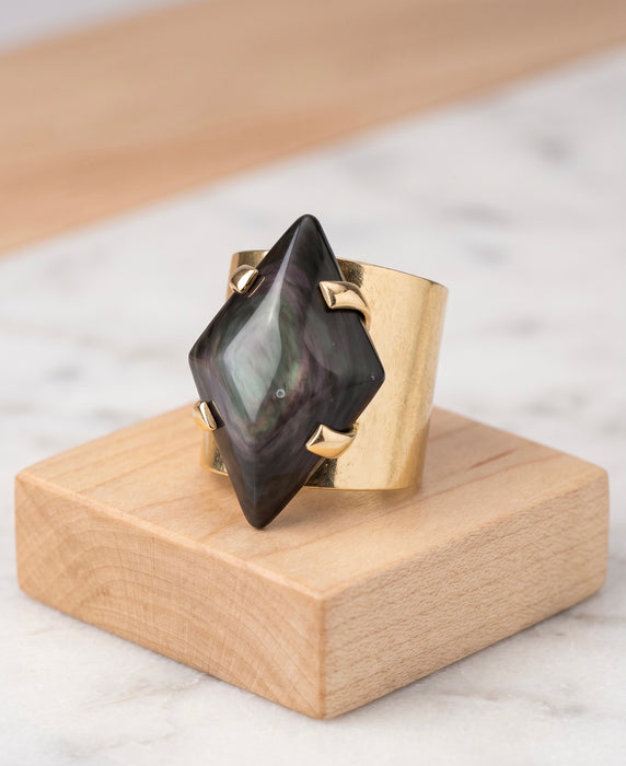 Anillo Tumbaga Baño Oro 18k con Obsidiana Arcoíris Rombo