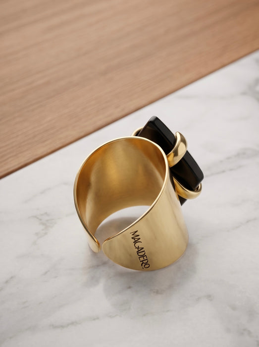 Anillo Tumbaga Baño Oro 18k con Obsidiana Arcoíris Rombo